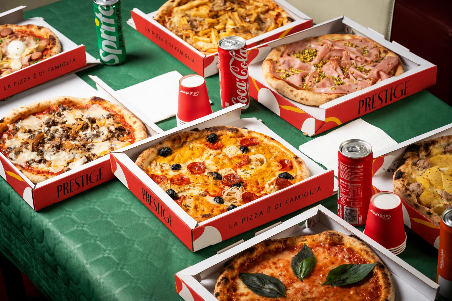 Pizze Prestige in tavola nei cartoni rossi