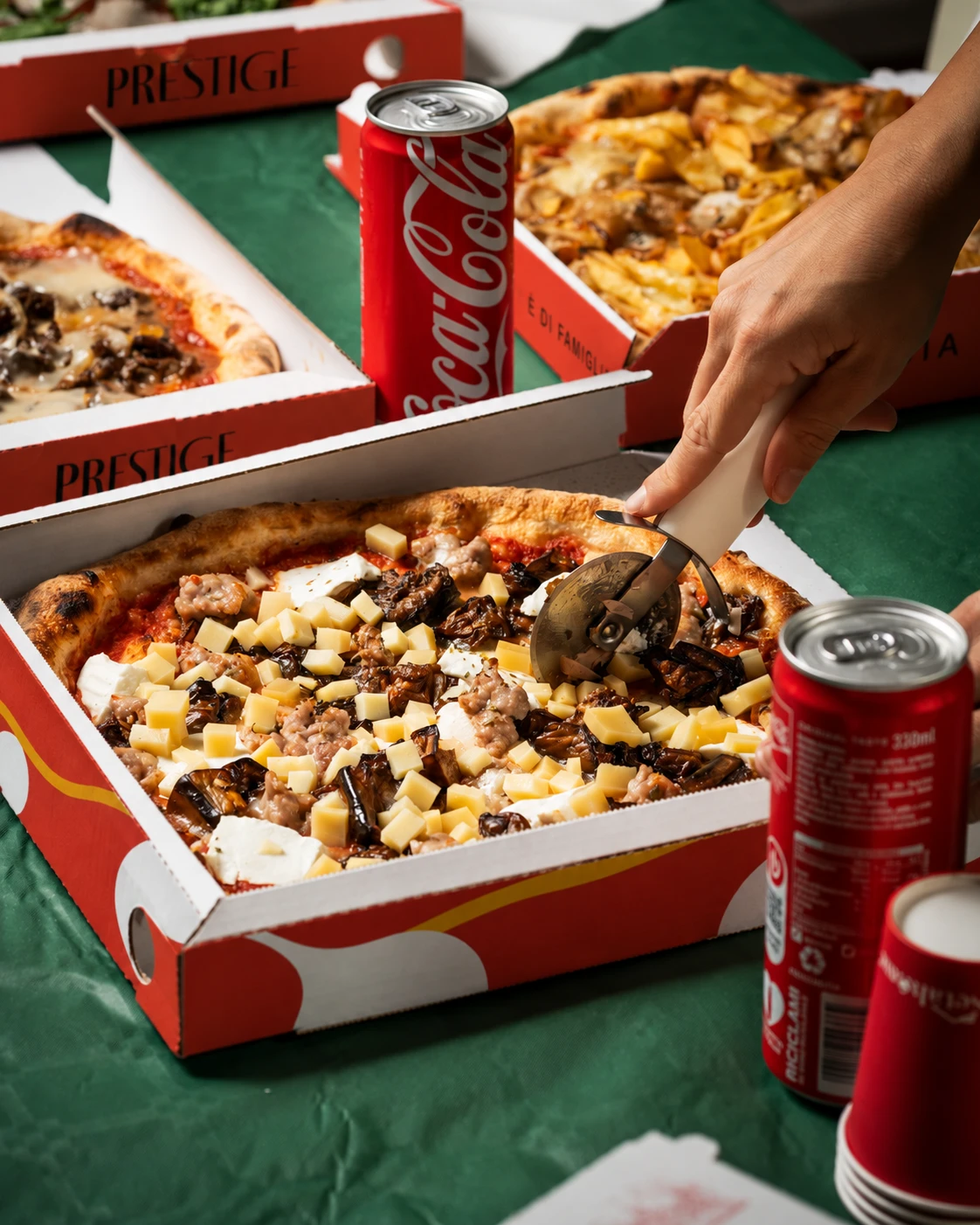 Una rotella taglia la pizza con salsiccia e melanzane nel cartone Prestige